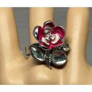 Pink Flower Ring Silver Tone Floral Fashion Size 7 1/4 Adjustable Chunky